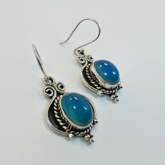 Chalcedony Earrings, Sterling Silver, Pierced, Blue Stone, Dangle, Ear Wire - Picture 2 of 4